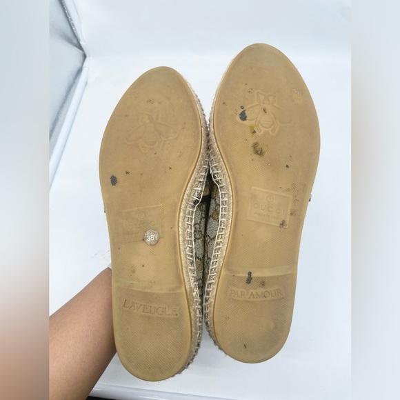 Gucci Beige Natural GG coated canvas black leather trim bee espadrille 38.5 - Picture 5 of 8
